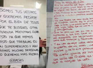 Una empleada de supermercado recibe una nota de un vecino para que se vaya del edificio