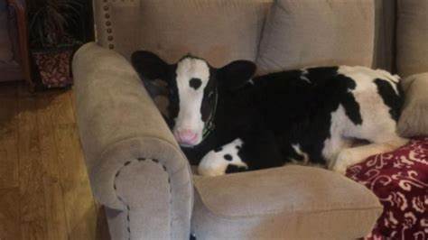 Familia dejó la puerta abierta durante cinco minutos y al regresar se encontraron con una sorpresa inusual: una vaca estaba acurrucada en el sofá.